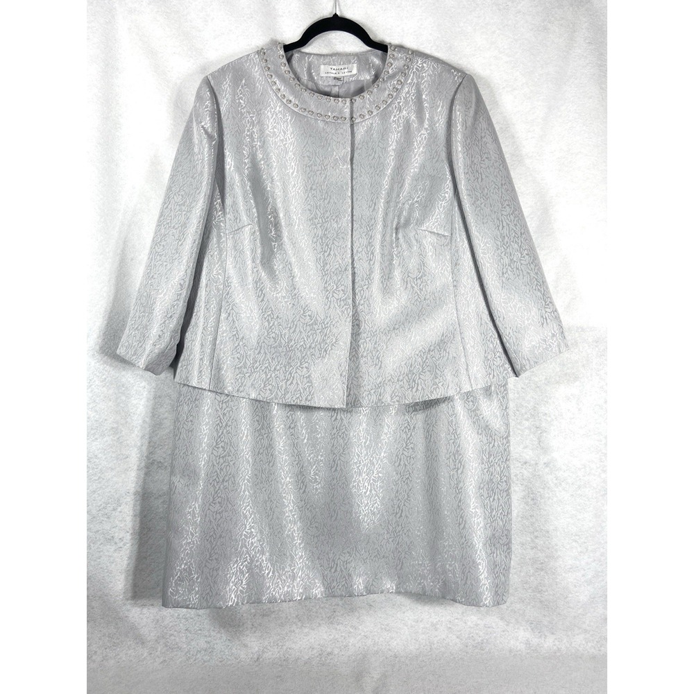 Tahari Asl 2PC Skirt Suit Women's 20W Gray Blazer Snap Quilted Pearl Beads